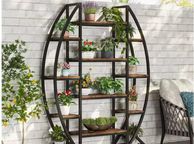 main image for ad Industrial Half-Moon Bookshelf 5 Tier Oval Bookcase &amp; Plant Stand with Metal Frame  Rustic Brown