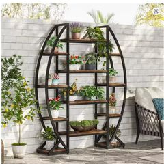 Industrial Half-Moon Bookshelf 5 Tier Oval Bookcase & Plant Stand with Metal Frame  Rustic Brown