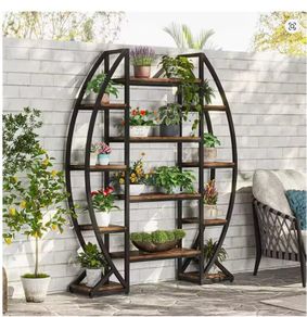 Industrial Half-Moon Bookshelf 5 Tier Oval Bookcase & Plant Stand with Metal Frame  Rustic Brown