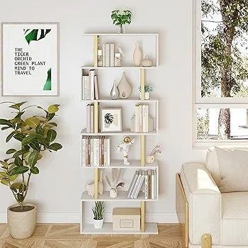 Geometric Bookcase, S Shaped Bookshelf 6-Tier Book Shelves for Bedroom, Modern Wood Decorative Display Shelf Tall Book Case for Home Office, Gold and White