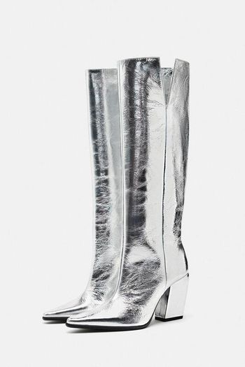 Zara Leather Block Heel Knee-high Boots Silver