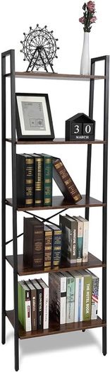 Ladder Shelf, 5-Tier Industrial Ladder Bookcase, Ladder Bookshelf Bookcase for Living Room, Office, Rustic Brown and Black, 56x32x172cm