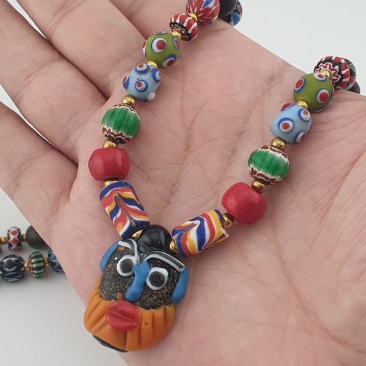 Vintage Venetian Style Mix Glass Beads & Old Face Pendant Necklace