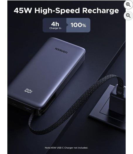 UGREEN USB C, 45W, 20000mah, Nexode Power Bank with Built-in Cable, Fast Charging 3-Way Output Portable Charger