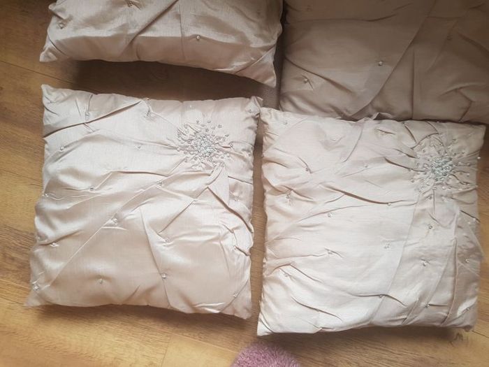 4 x 16" or 40cms Cushions in Beige Faux Raw Silk with Pearl and Crystal embellishments from Linens & Lace