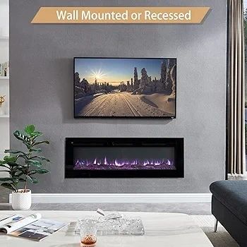 50"/127cm Electric Fireplace, Wall Mounted, Recessed, 9 Colour Flame Effect, Media Wall Compatible, 900W - 1800W Heater, Remote Control