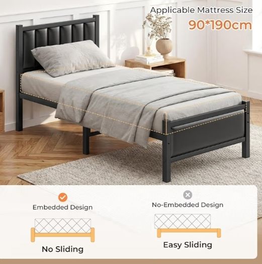 Single Bed Frame with Upholstered Headboard, 3ft Metal Beds with Sturdy Steel Slats Support Platform, Black Single Bed with Storage, Noise Free, Easy Assembly, No Box Spring Needed