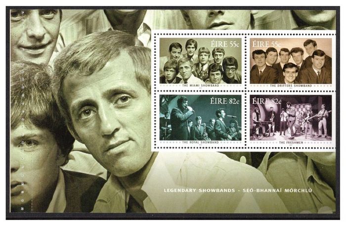 2010 Ireland Legendary Showbands showing picture of The Miami Showband (Stamps of The Miami Showband, The Drifters Showband, The Royal Showband & The Freshman ) Commemorative Stamps Booklet Pane Mint Never Hinged (MNH). Hibernian HP194