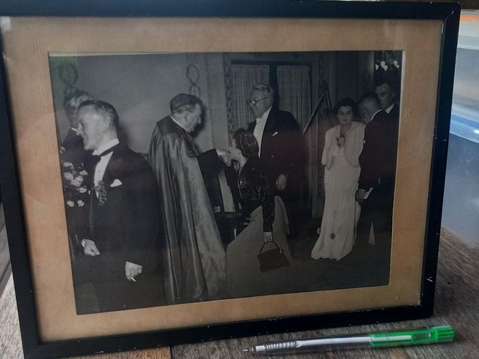 Vintage framed photo of lady kissing religious leader's ring, D18 post 10e