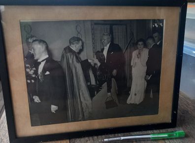 Vintage framed photo of lady kissing religious leader's ring, D18 post 10e
