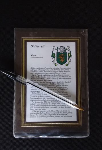 O Farrell Family Name on Mounted Card