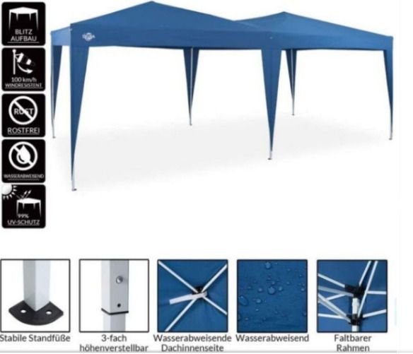 3 x 6 m Pop-Up Blue Gazebo Water-Repellent Includes Bag UV Protection