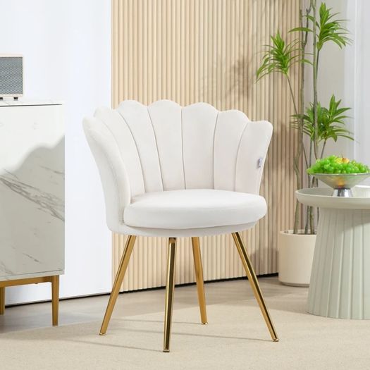 Shell chair vanity chair velvet salon chair with golden metal legs cream