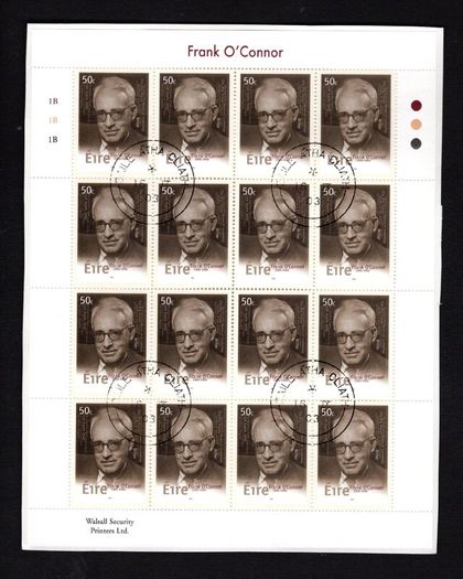 2003 Ireland Birth Centenaries of 50c Frank O'Connor & 57c ETS Walton Commemorative Stamp Sheetlet Plate 1A1A1A Fine CDS Used with Dublin cancel of 16th September 2003 (First day of issued) on envelope extract.