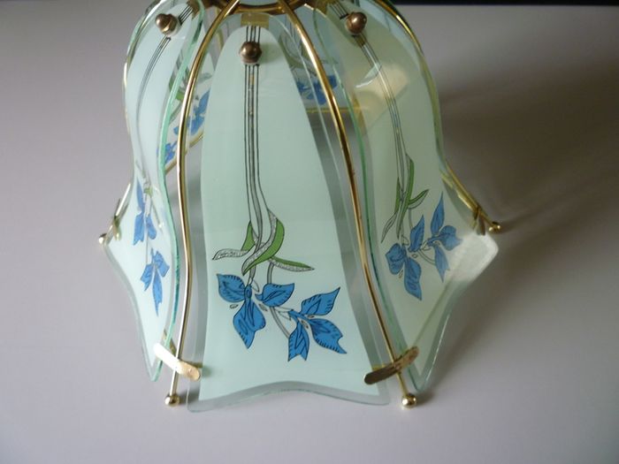 Glass Ceiling Light Shade Frosted Grey, Blue & Green, Gold Trim. SUPER CONDITION