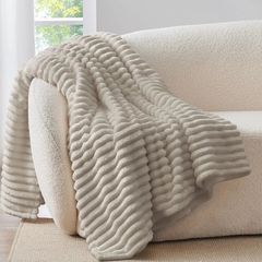 Fluffy Fleece Twin Blanket - Beige Couch Throw Soft Cosy Warm Blankets for Double Bed, Gifts for Women
