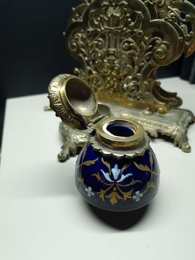 Antique Victorian Inkwell Set  Ornate Brass & Hand Painted Glass c. late 1800s