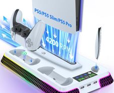 Cooling Station and Console Stand for PS5/Pro/Slim, Dual Controller Charging Station with Ambient RGB Lighting for PlayStation 5, PS5 Stand Controller Charger for Disc & Digital with Cooling Fan