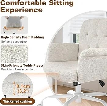 Home Office Desk Chair, Comfy Upholstered Fuzzy Vanity Chair with Wheels and Arms, Teddy Velvet Cute Adjustable Swivel Computer Seat for Living Room, Bedroom, Make Up and Salon, White