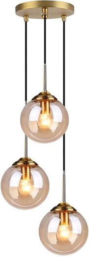 Industrial Vintage 3 Way Pendant Light Cluster Glass Globe Chandelier Brass Metal Ceiling Hanging Lamp Kitchen Dining Room Indoor Lighting Fixture (Amber Ball)