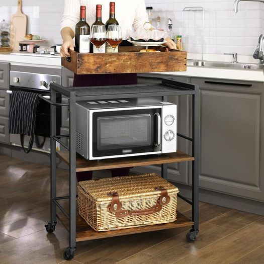 Industrial Style Serving Trolley Kitchen Trolley with Removable Tray with Adjustable Feet and Wheels Kitchen Shelf Steel Frame 65 x 40 x 86 cm Brown Rustic Black
