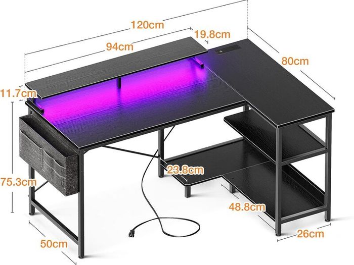 L Shaped Gaming Desk with LED Lights 120 x 80 cm Computer Power Outlet Reversible Corner Table Storage Shelves Monitor Stand Black