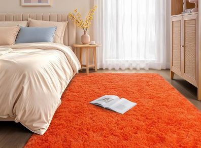 Orange Rugs for Bedroom 120x160 cm Fluffy Shaggy Beside Rug Non-Slip, Soft High Pile Modern Floor Carpet for Living Room Lounge Playroom Kids Girls Room