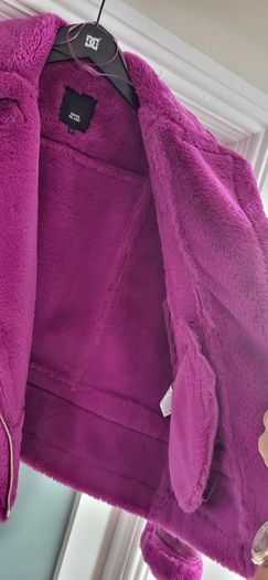 RIVER ISLAND fuschia faux leather and fur biker jacket Sz 14UK - Rrp 125 (New)