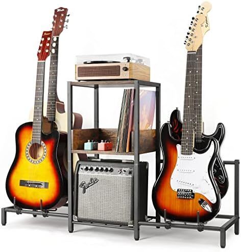 Guitar Stand 4-Tier for for Multiple Guitars Floor Adjustable Rack for Acoustic, Electric Guitar & Bass with Shelf