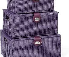 Set of 3 Resin Woven Storage Basket Box With Lid & Lock (Purple)