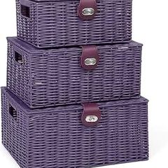 Set of 3 Resin Woven Storage Basket Box With Lid & Lock (Purple)