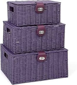Set of 3 Resin Woven Storage Basket Box With Lid & Lock (Purple)