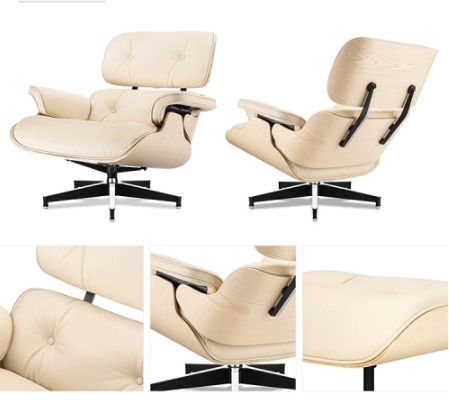 PRO W Ashwood Replica Lounge Chair with Ottoman White Lather Ashwood Wood Genuine Leather Chaise for Living Room