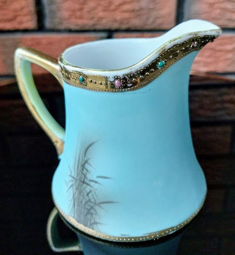 Nippon Vintage Flying Geese Jewel Moriage Aqua Creamer/Milk Jug