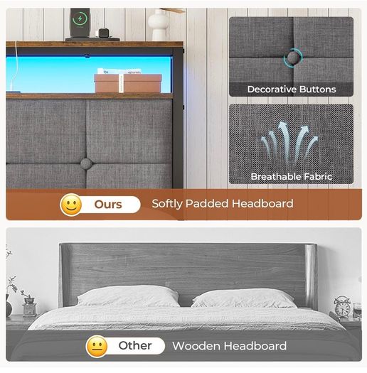 3ft Single Bed Frame 90x190 Upholstered Bed Frame With LED Lights & Charging Station Metal Bed Frame with Upholstered Storage Headboard/Under Bed Storage/Noise Free (Single-90x190cm)