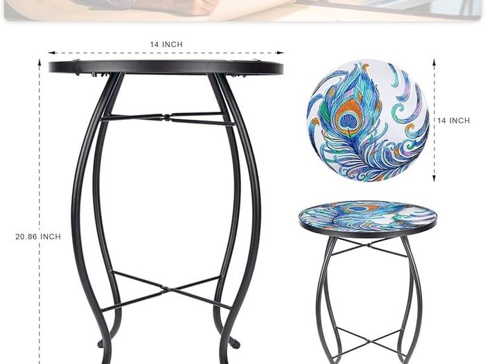 FREE P&P | Outdoor Side Table Small Outdoor Table, 14 inch Round Patio Side Table End Table, Peacock Feather Glass Plant Stand for Garden Patio Living Room
