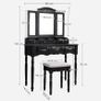 Dressing Table with 7 Drawers, Dressing Table with Padded Stool, 3-Piece Folding Mirror with Chain Hook, 4 Open Compartments, 2 Narrow Compartments for Brushes, Wooden Legs, Black Image 3