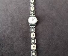 Women Swatch Watch Chessboard Steel Band LB160G Plastic Black Case 25mm Vintage