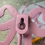 Large 13cm high x 10cm width metal bow hook in bubblegum pink with gold detail Image 6