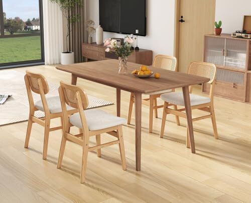 set of 4, wood, kitchen chairs, PU leather upholstered Rattan