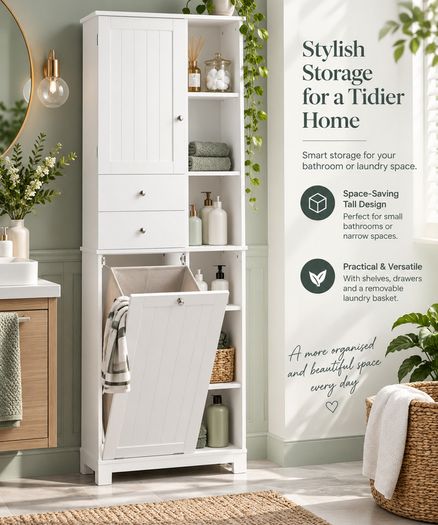 Tall Bathroom Storage Cabinet with Laundry Basket 6 Shelves 2 Drawers White 171cm
