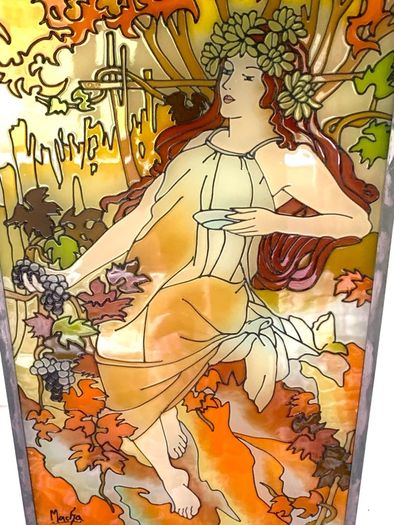 Vintage Art Nouveau Style Hand Painted and stained glass Glass Panel