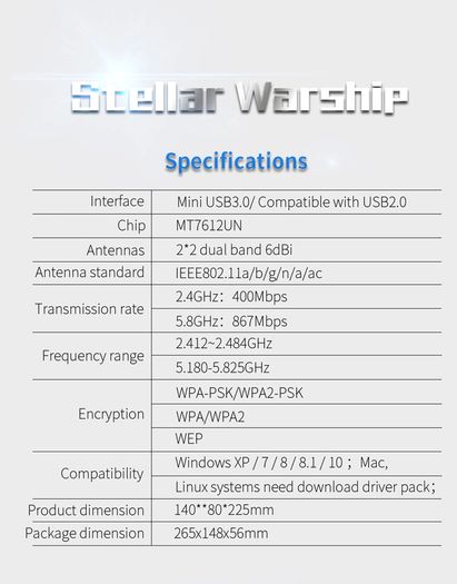 COMFAST Stellar Warship AC1300 Dual Band (2.4G/5G) USB Adapter/Dongle+Hotspot - 2x6dbi External Adjustable Antennas (Brand New/Warranty)