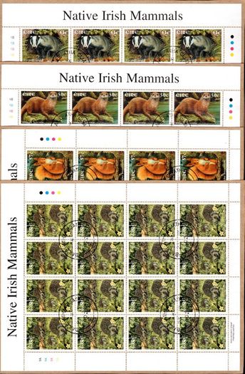 2002 Ireland Native Irish Mammals (41c Badger, 50c Otter, 57c Red Squirrel & E1 Hedgehog) Commemorative Stamp Sheetlet Fine Used with Dublin CDS cancel of 23rd April 2002 (Frist day of issued) on envelope extract.