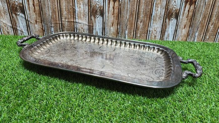 Vintage Silver Plated Butlers Serving Tray Platter Claw Footed 24 inch x 12 inch Leonard English