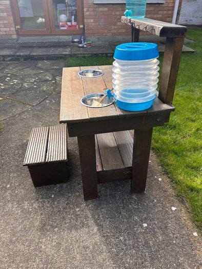 Hand made solid timber mud kitchen with stool with accessories