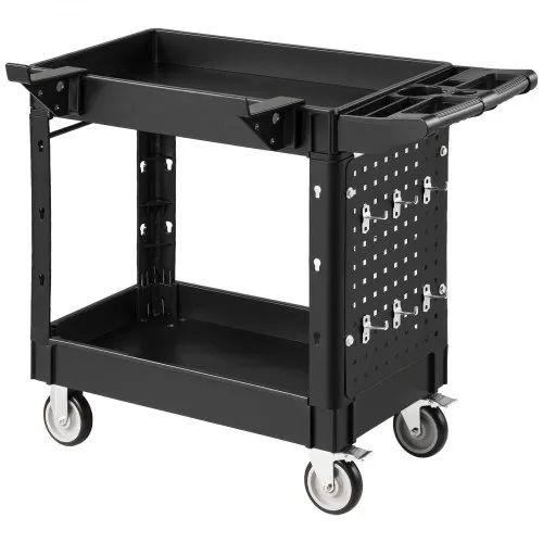 Utility Cart, 250 kg Capacity, 2 Tier Service Cart with 360 Swivel & Fixed Wheels (2 with Brakes), Heavy Duty Plastic Rolling with Tray and Pegboard, Tool Storage for Garage Warehouse Workshop
