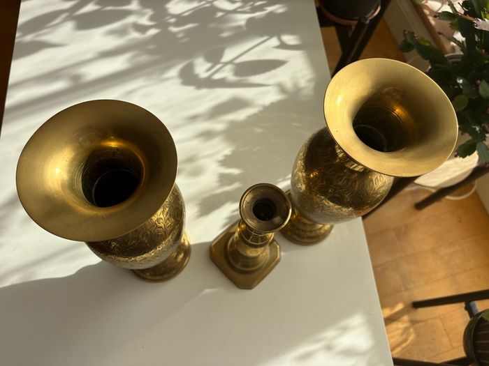 x2 Vintage Solid Brass Vases and candle holder