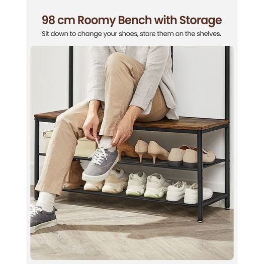 Coat Rack with Hooks, Clothes Rack with Mirror, Shoe Bench and Shelves, 36 x 98 x 185 cm, for Hallway, Bedroom, Living Room, Vintage Brown/Black