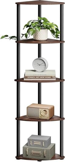 Superfast Toolless Assembly, 5-Tier Corner Shelf, Corner Shelving Unit, Corner Storage Stand, 38.3 x 27 x 139 cm, Living Room, Bedroom, Kitchen, Somber Walnut